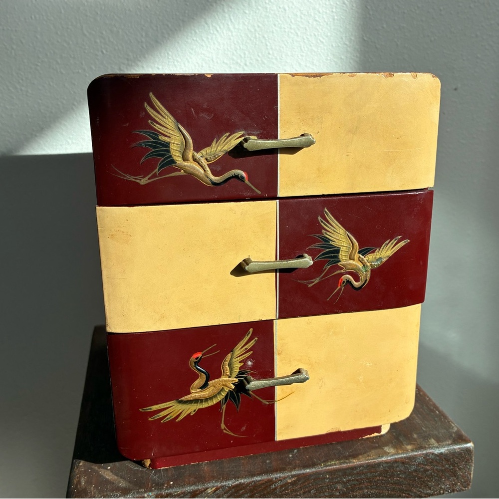 Japanese Kodansu Box Vintage Wooden Jewelry Box with Crane Design